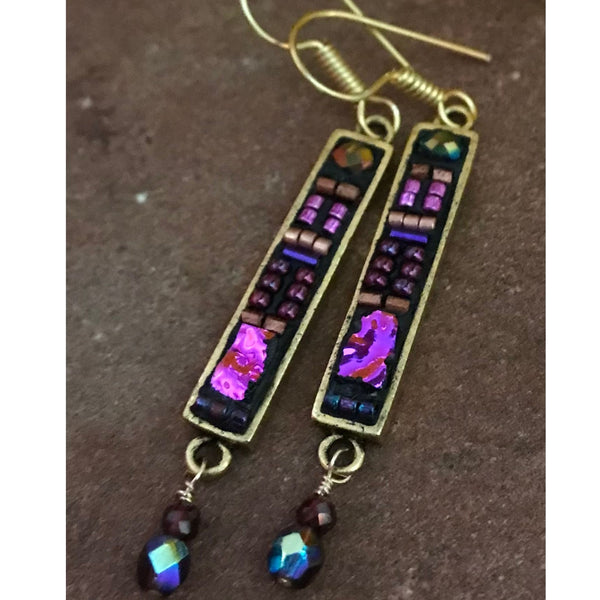 Mosaic Dangle Earrings Purple with Beads and Dichroic Glass