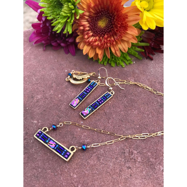 Necklace and Earring Set With Purple Dichroic Glass and Beads with Gold