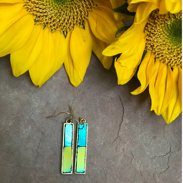 Ukrainian Flag Earrings in Gold with Dichroic Glass