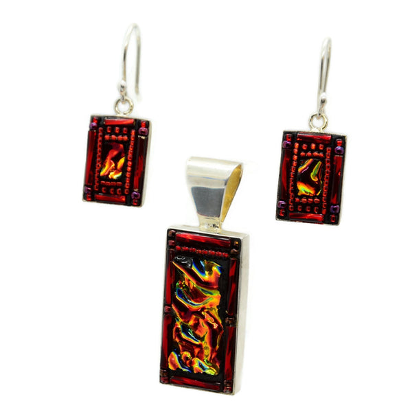 Red Dichroic Glass and Beads Earring and Pendant Set
