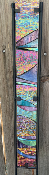 Stained glass garden stake in purple, aqua, violet