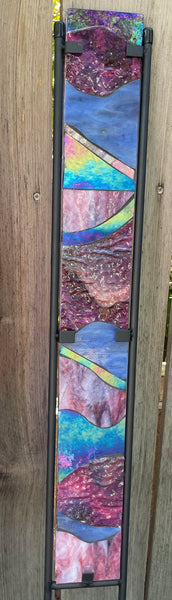 Stained glass garden stake in purple, blue, lavender and green