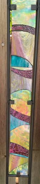 Stained glass garden stake in Monet pink, aqua, green, purple and sunset