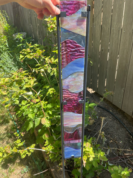 Stained glass garden stake in cranberry, blue, pink heather, purple