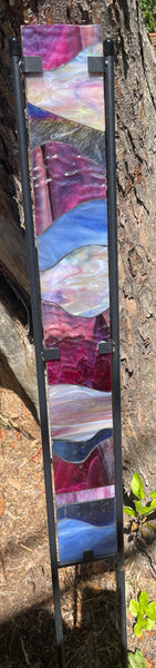Stained glass garden stake in cranberry, blue, pink heather, purple