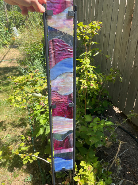 Stained glass garden stake in cranberry, blue, pink heather, purple