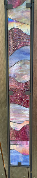 Stained glass garden stake in cranberry, blue, pink heather, purple