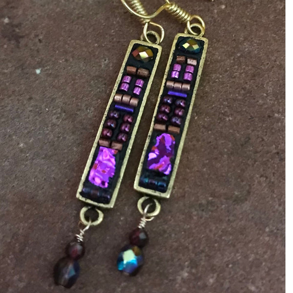 Mosaic Dangle Earrings Purple with Beads and Dichroic Glass