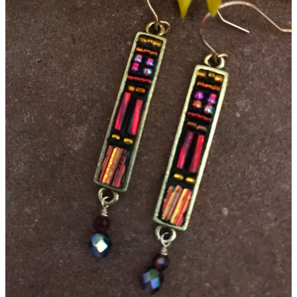 Mosaic Dangle Earrings with Red Dichroic Glass
