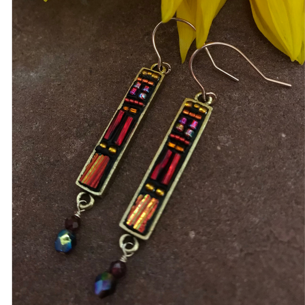 Mosaic Dangle Earrings with Red Dichroic Glass