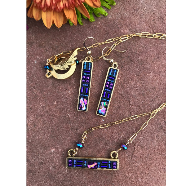 Necklace and Earring Set With Purple Dichroic Glass and Beads with Gold