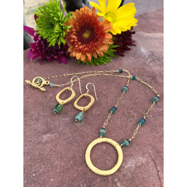 Roman Glass Necklace and Earring Set with Gold Circles