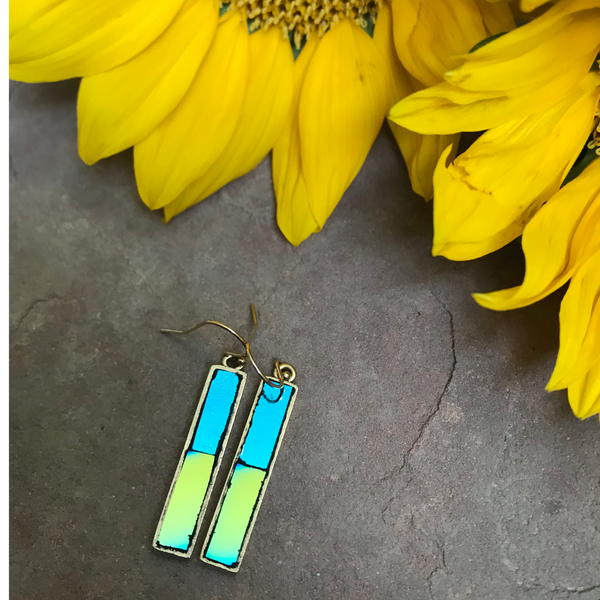 Ukrainian Flag Earrings in Gold with Dichroic Glass