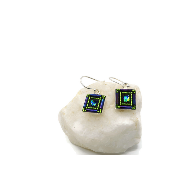 Purple and Green Bling Square Earrings