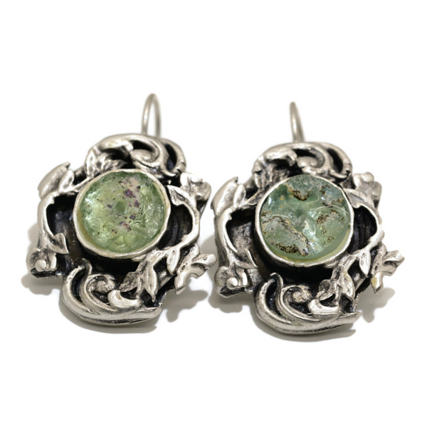 Roman Glass Filigree Earrings with Green Glass