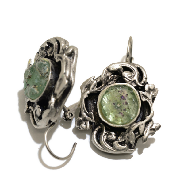 Roman Glass Filigree Earrings with Green Glass