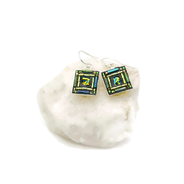 Green and Turquoise Square Bling Earrings