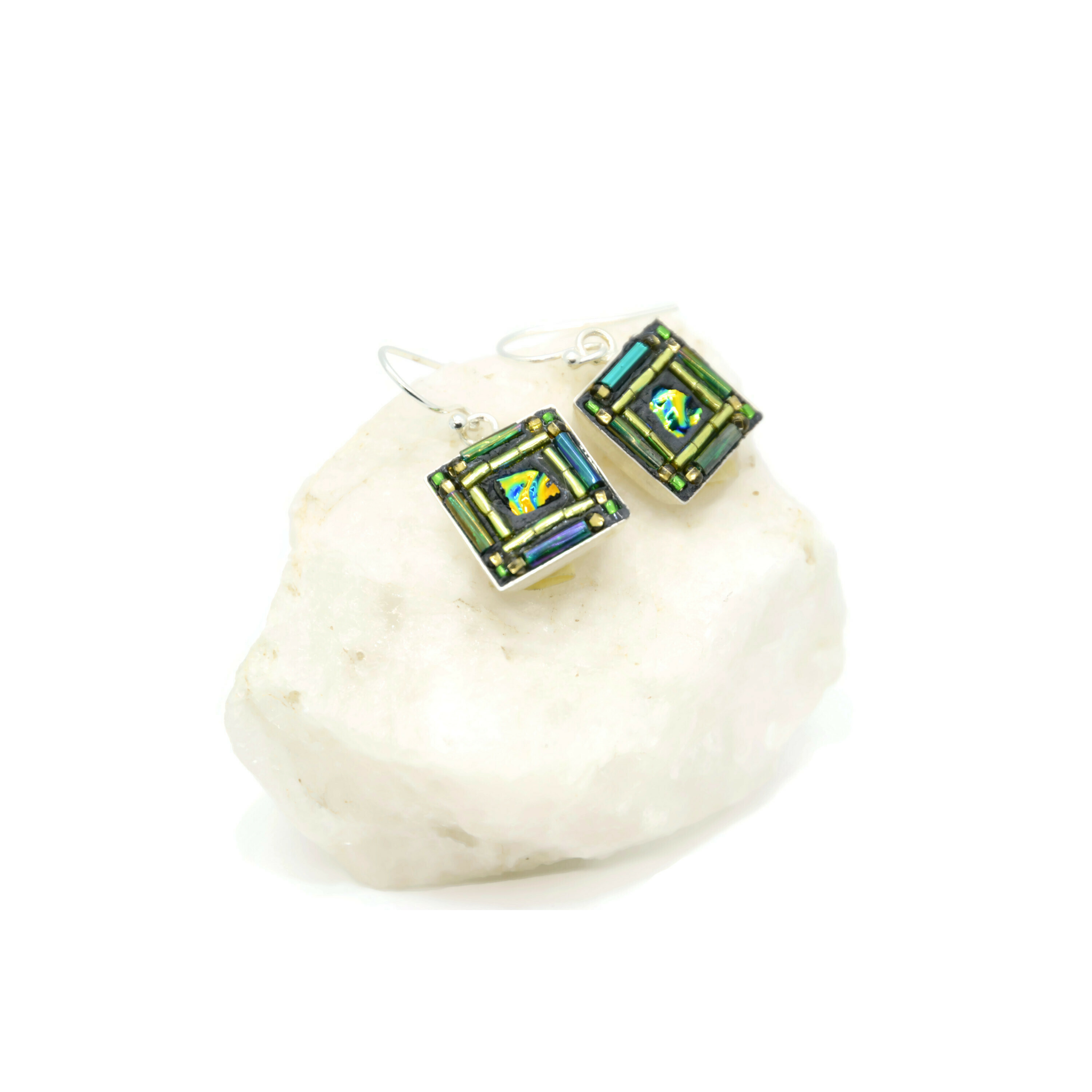 Green and Turquoise Square Bling Earrings