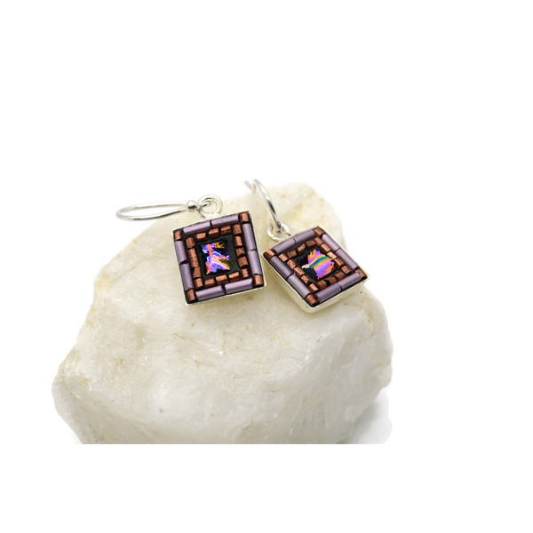 Purple and Copper Square Bling Earrings