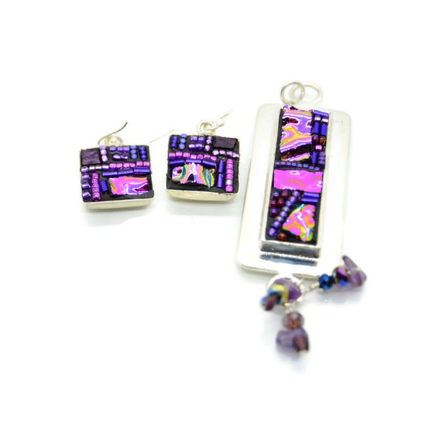 Purple Crazy Quilt Style Earring and Pendant Set
