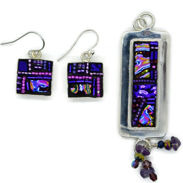 Purple Crazy Quilt Style Earring and Pendant Set
