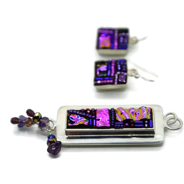 Purple Crazy Quilt Style Earring and Pendant Set