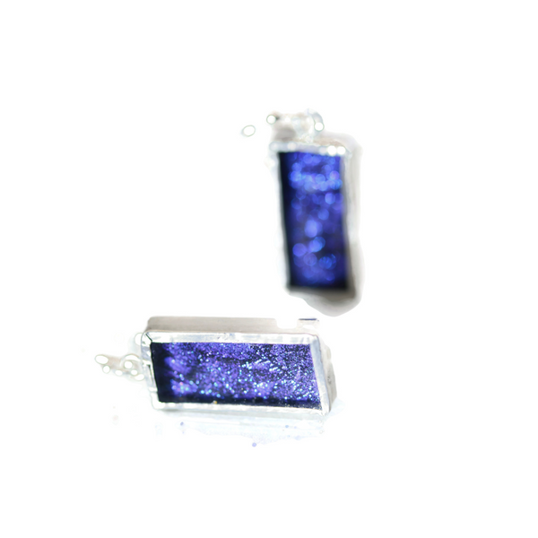 Blue and Purple Sparkle Van Gogh Glass Rectangle Earrings