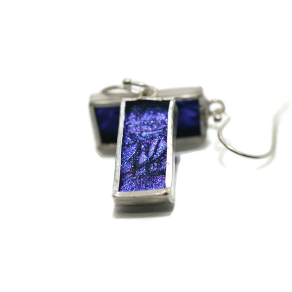 Blue and Purple Sparkle Van Gogh Glass Rectangle Earrings