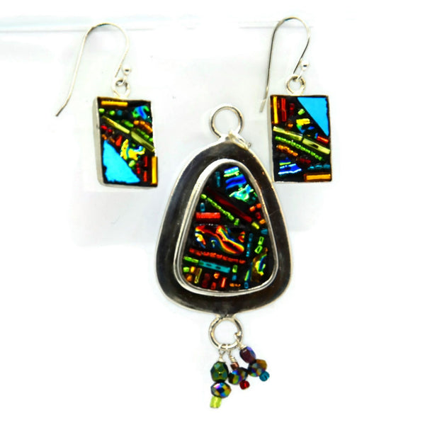 Crazy Quilt Style Earring and Pendant Set